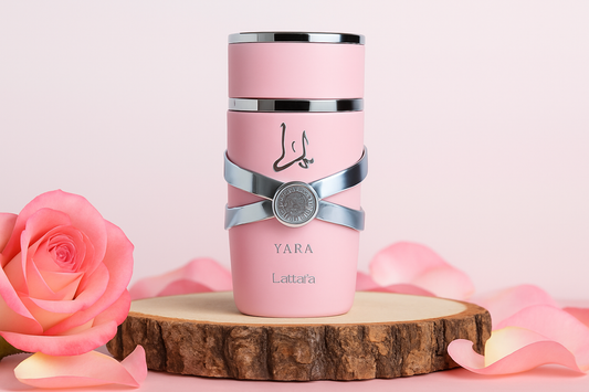 Enhanced high-quality Lattafa Yara pink perfume bottle with roses